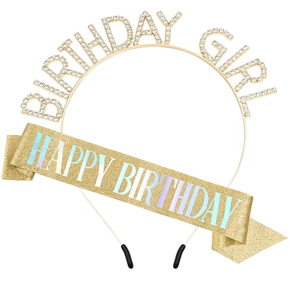 PQRUU Birthday Sash and Crown Girl Headband Tiara Rhinestone Happy Birthday Sash Glitter Golden Yellow Accessories Set Party Decorations Supplies Stuff Gifts for Girls Princess Queen Women Adult Woman