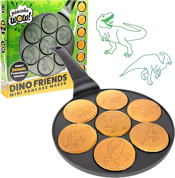 Dino Mini Pancake Pan- Make 7 Unique Flapjack Dinosaurs for Kids, Nonstick Pan Cake Maker Stovetop Griddle for Jurassic Fun & Easy Cleanup, Long Handle for Easy Holding, Breakfast Brunch Gift for Him