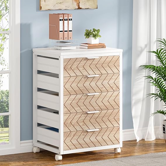 Tribesigns 5-Drawer File Cabinet, Wood Mobile Storage Unit, Beige & White