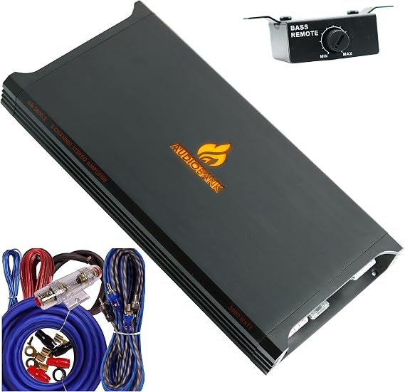 Audiobank AB2800.2 2 Channel 5000 Watt 2 Ohm A/B Class Car Audio Stereo BASS Amplifier with Bass Control, Bridgeable, LED Indicator with 4 Gauge Installation Kit Blue Bundle