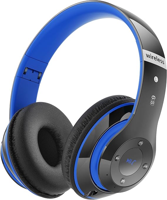 Bluetooth Headphones Over Ear, 6S Foldable Wireless Headphones with 6 EQ Modes, 40 Hours Playtime HiFi Stereo Headset with Mic, Soft Ear Pads, TF/FM for Cellphone/PC/Home (Black & Blue)