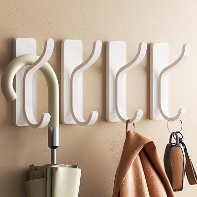 niffgaff Wall Hooks for Coat and Towel: 13lb Adhesive Door Hanger Stick On, Sticky Hook for Wall, Closet, Bathroom - White, 4 Pack