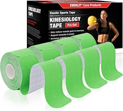 EVERLIT [4-Pack] Pre-Cut Elastic Cotton Kinesiology Therapeutic Athletic Sports Tape, for Pain Relief and Support, 80 Precut 10” Strips Lime Green