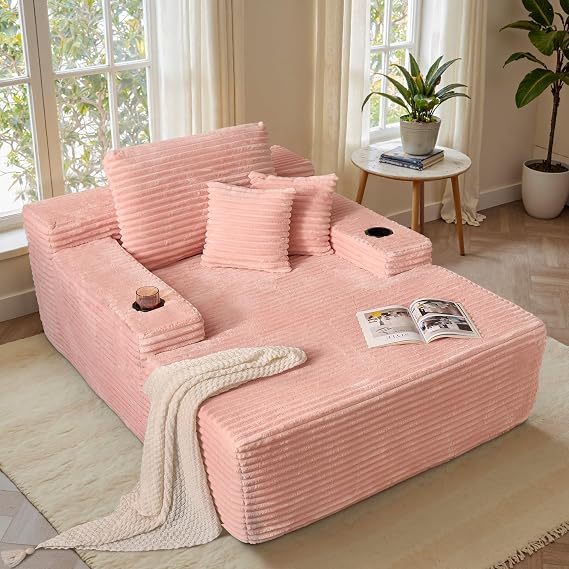 ovios 67'' Chaise Lounge Chair Indoor, Oversized Upholstered Boneless Sofa Bed with Cup Holders, Deep Seat Sleeper Couch, Plush Cloud Sofas Couches for Living Room (Faux Fur, Pink)