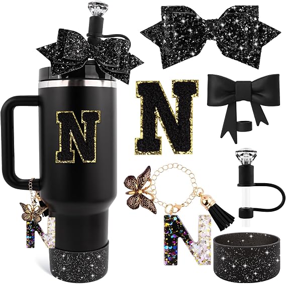 Black Cup Accessories Set for Stanley 30OZ & 40OZ Tumbler with Handle, Letter Charms, Bow & Diamond Straw Covers, Glitter Silicone Boot, Personalized Sticker for Stanley Cup Accessories (N)