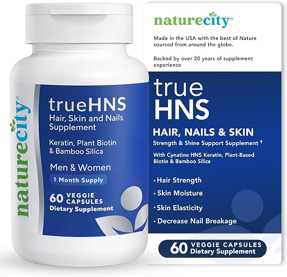 NatureCity True-HNS Hair Nails and Skin Cynatine Keratin and Plant Based Biotin Vitamin Supplement | Fuller and Stronger Hair and Nails | Non GMO | 60