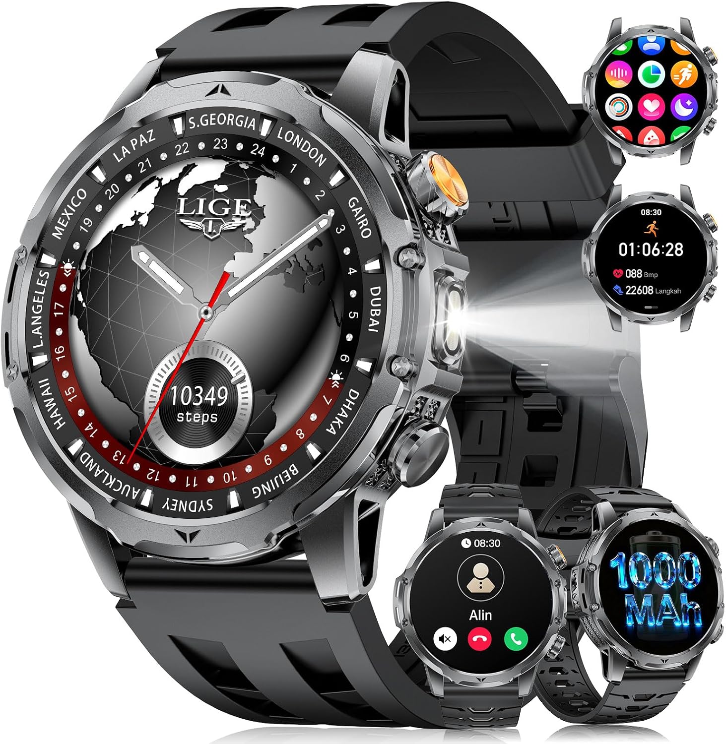 Smartwatch Herren mit 1000 mAh Akku/LED Taschenlampen 1.53 HD Militär Smart Watch mit Telefonfunktion für Android iOS 120+ Sportmodi/Schlafmonitor/IP68 Sportuhr 3 Armbänder Silikon