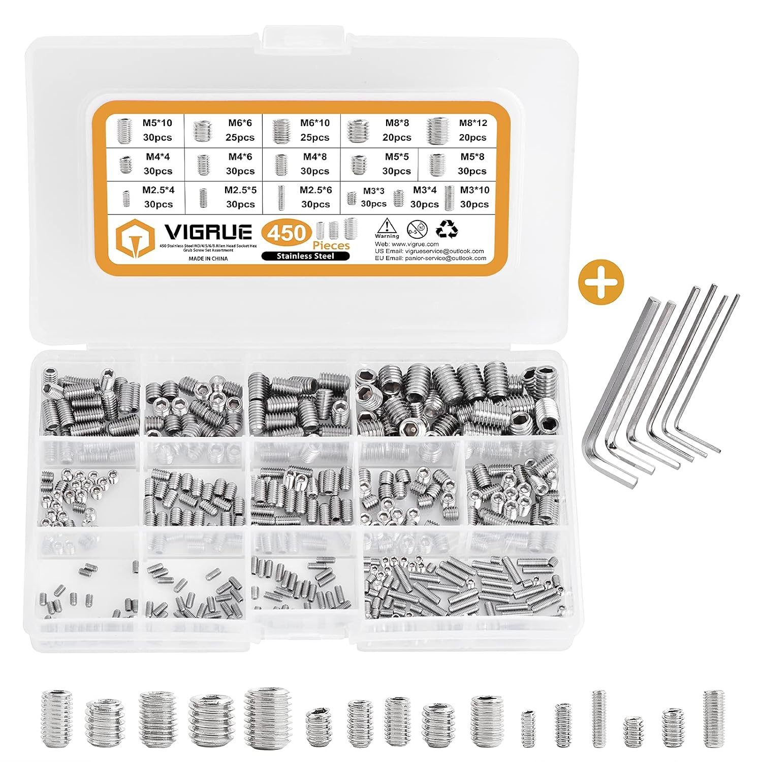 VIGRUE 450PCS M2.5M3M4M5M6M8 Hex Allen Head Socket Set Screw Bolts Assortment Kit Grub Screw with Internal Hex Drive, 304 Stainless Steel