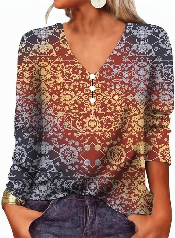 Boho Tops for Women 2025 Fall Long Sleeves Vintage Ethnic Floral Blouse Dressy Casual V Neck Button Shirts Vintage Red Navy M