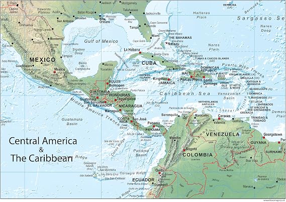 Central America and the Caribbean Physical Map - 39.3 x 27.5 inches Paper Laminated