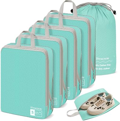 Compression Packing Cubes 6 Set, Dual Zipper Compression Packing Cubes for Travel, Space-Saving Packing Bags for Suitcases, packing cubes with shoe bag