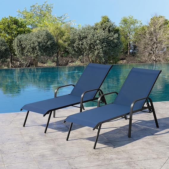 Chaise Lounge Chair Outdoor, Pool Chairs Set of 2 with Armrests (Navy Blue)