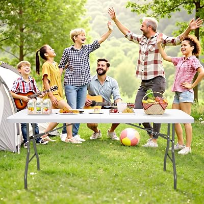 6FT Folding Table with Carry Handle, Fold-in-Half Portable Picnic Table for 8 Adults, Heavy Duty Plastic Table for Party, Camping, Indoor Outdoor Banquet, 350 lbs Weight Capacity Upgrade White, 6FT