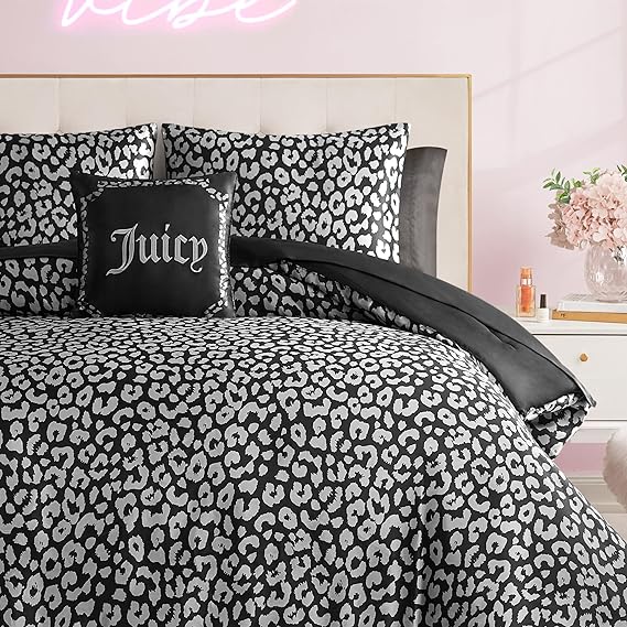 Juicy Couture Modern Black Leopard Satin Full Comforter Set - Luxury Bed in a Bag Soft & Stylish 8-Piece Bedding Collection