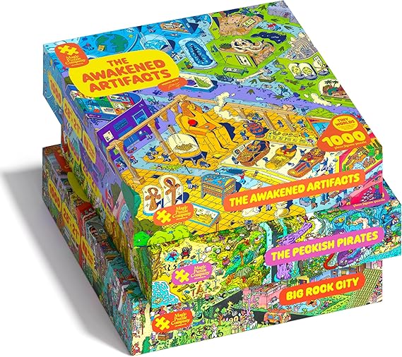 Magic Puzzle Company Series 4 Bundle 3-Pack of 1000-Piece Jigsaw Puzzles | Includes Big Rock City, Awakened Artifacts & Peckish Pirates. Original handmade art. Mind-blowing magical ending. No dust.