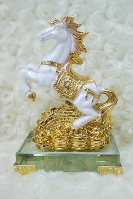 Chinese Feng Shui Gold and White Finish Horse Statue Figurine with Crystal Base